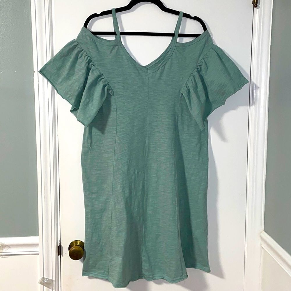Bottle green cold shoulder flutter sleeve princess seam dress size Large